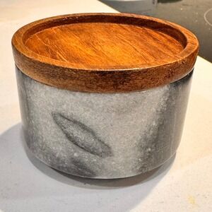 Sur La Table Marble Salt Keeper with Acacia Wood Lid Spice Storage Container Pot
